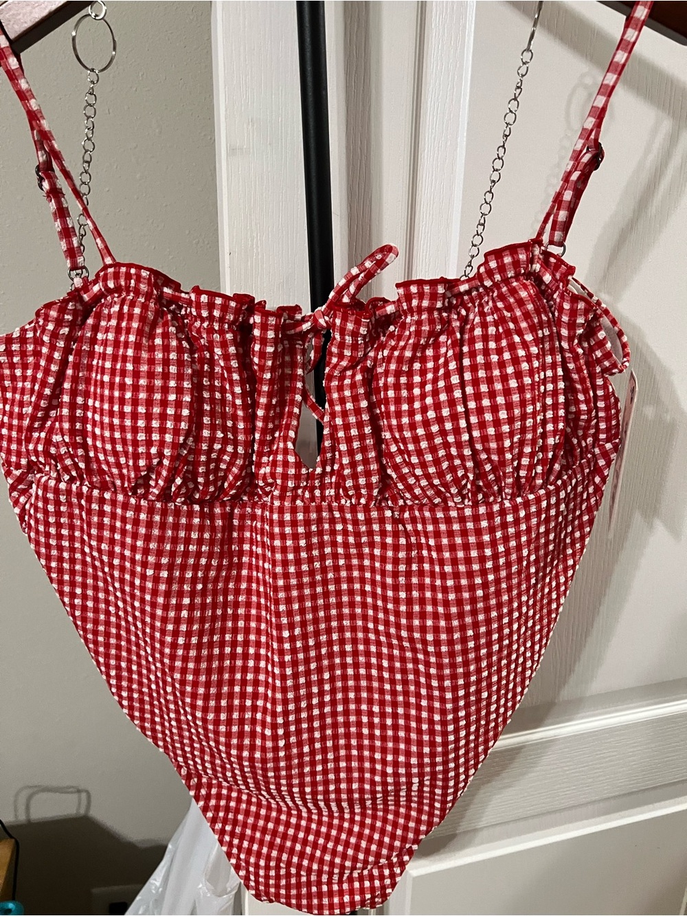 Red Gingham Smocked Bust Tie-Front One piece Swim Suit